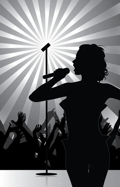 Cantora pop se apresentando no palco com torcida da multidão — Vetor de Stock