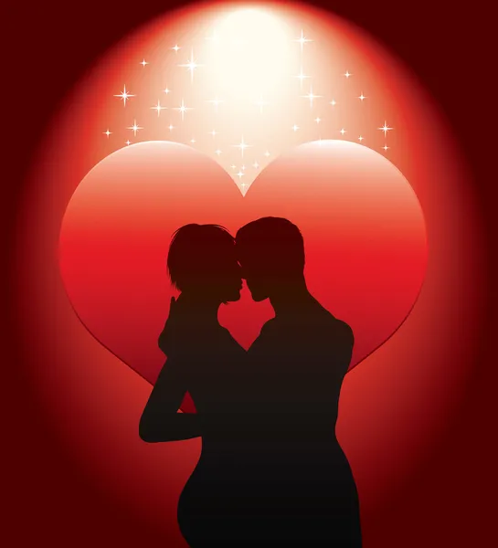 Sexy couple silhouette with red heart — Stock Vector
