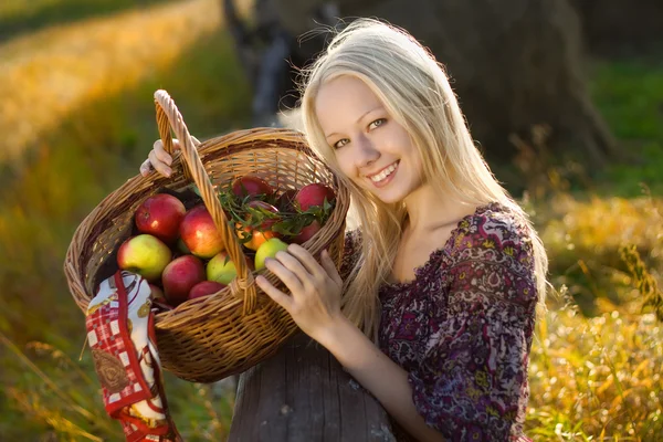Bella donna bionda sorridente con molti apple nel cesto a farm — Foto Stock