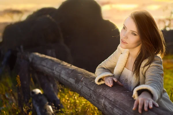 Schoonheid van de jonge vrouw dagdromen op boerderij — Stockfoto