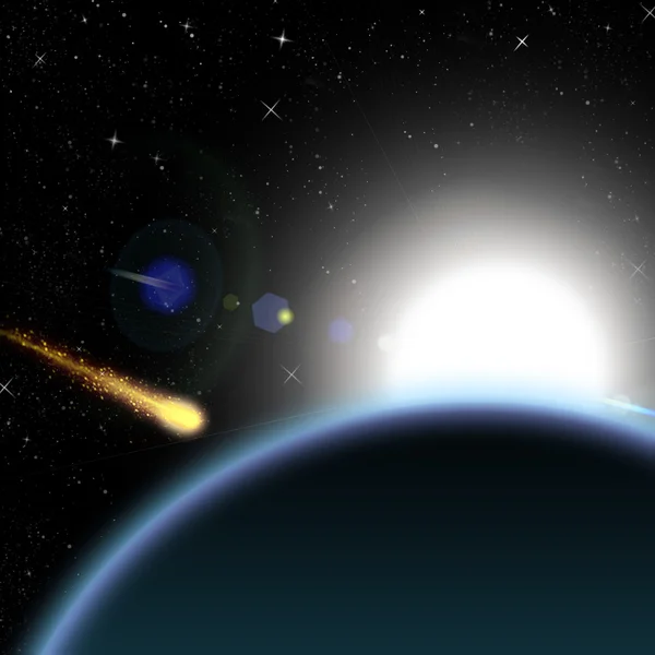 Asteroide e pianeta Terra con il sole sullo sfondo — Foto Stock
