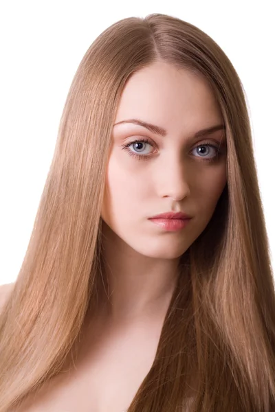 Mulher linda loira com retrato de cabelo comprido em branco backgrou — Fotografia de Stock
