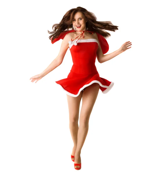Wh で隔離赤いクリスマス セクシーな衣装に非常に満足して笑顔の女性 — ストック写真