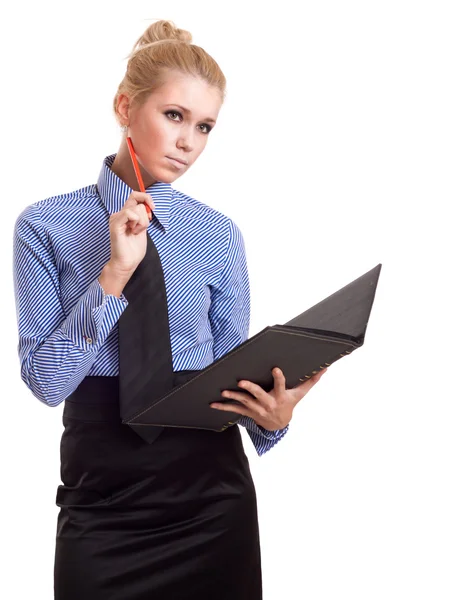 Empresária loira com pasta preta e caneta vermelha isolada na wh — Fotografia de Stock