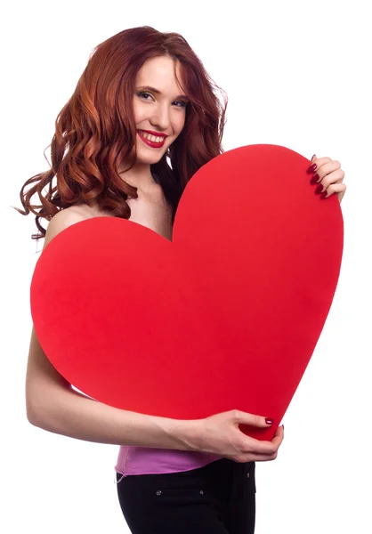 Valentinstag. Frau mit Valentinstag-Herzschild mit Polizist — Stockfoto