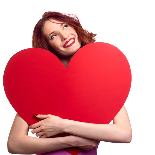 Valentines Day. Woman holding Valentines Day heart sign with cop — Stock Photo, Image