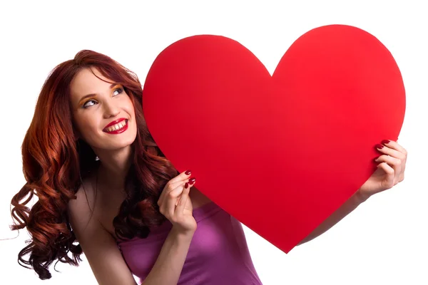 Valentines Day. Woman holding Valentines Day heart sign with cop — Stock Photo, Image