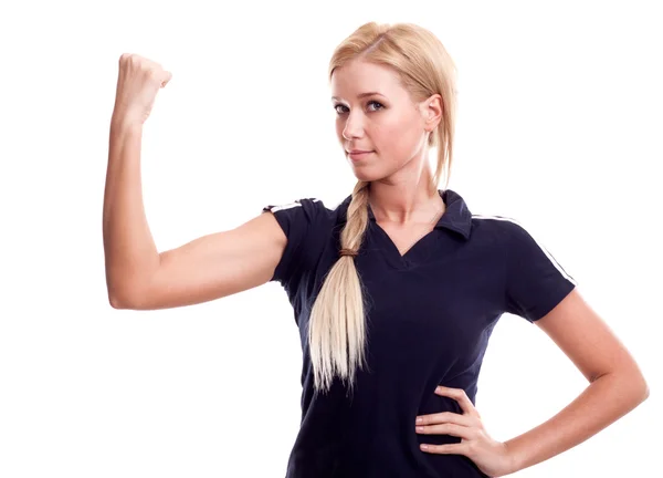 Young Happy Smiling Woman Sports Wear Showing Her Biceps — Stock Photo, Image