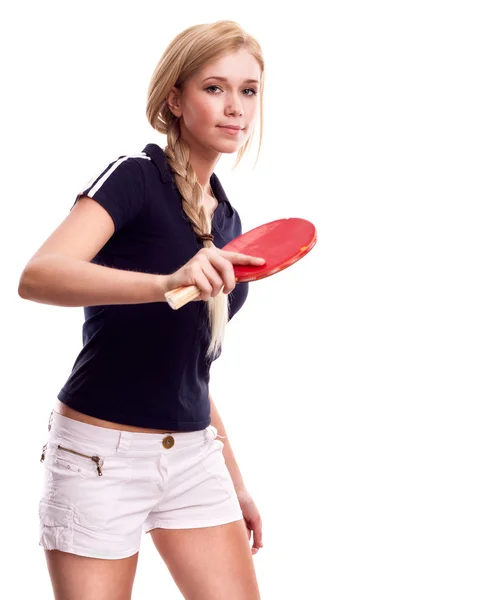 Giovane donna con un ping pong racchetta isolato su bianco — Foto Stock