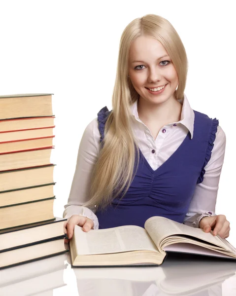 Freundliche College Studentin Mit Büchern Schreibtisch — Stockfoto