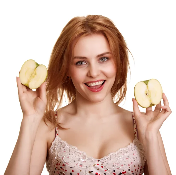 Jonge Gelukkig Lachende Vrouw Met Twee Apple — Stockfoto
