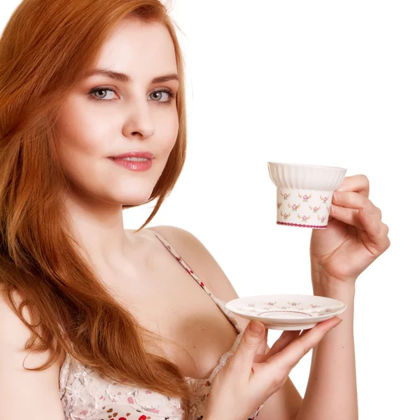 Mulher Bonita Com Coffee Isolated White Copy Espaço — Fotografia de Stock
