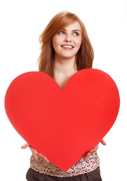 Valentines den. žena držící Valentýn srdce znamení s policajtem — Stock fotografie