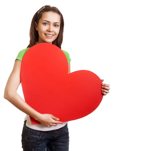 Valentines Den Žena Držící Valentýn Srdce Znamení Kopií Prostoru — Stock fotografie