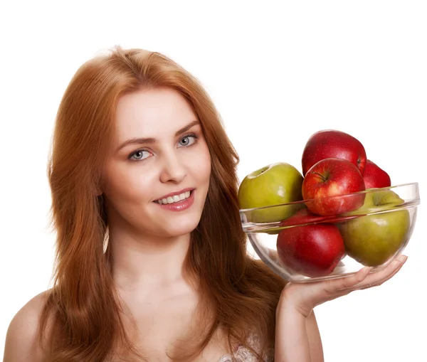 Jeune Femme Souriante Heureuse Avec Pomme Isolée Sur Blanc — Photo