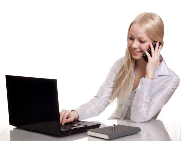 Young businesswoman, secretary or student with laptop, talk cell — Stock Photo, Image