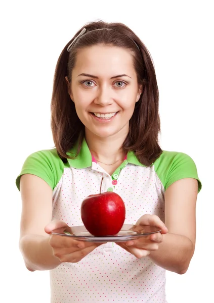 Jeune Femme Souriante Heureuse Donner Pomme Rouge Sur Plaque Isolé — Photo