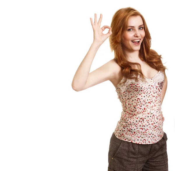 Portrait of attractive girl showing okay symbol over on white ba — Stock Photo, Image