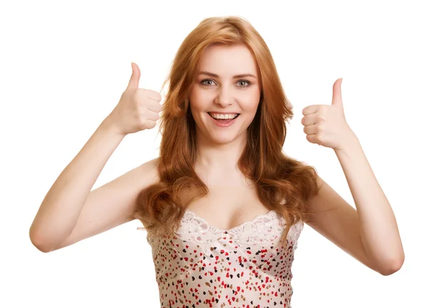 Retrato de menina atraente mostrando polegares para cima sinal sobre no branco — Fotografia de Stock