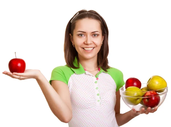 Junge glücklich lächelnde Frau mit Apfel auf weißem Grund — Stockfoto