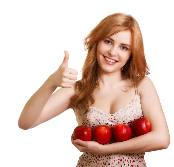 年轻的幸福微笑女人被隔绝在白色的四个红苹果 — 图库照片
