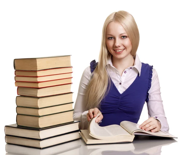 Amigável Menina Estudante Faculdade Com Livros Mesa Isolada — Fotografia de Stock