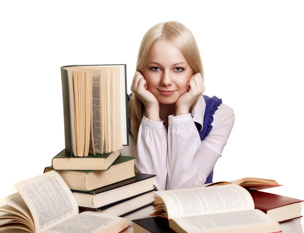 Barátságos főiskolai hallgató lány, könyvvel a pultnál, elszigetelt — 스톡 사진