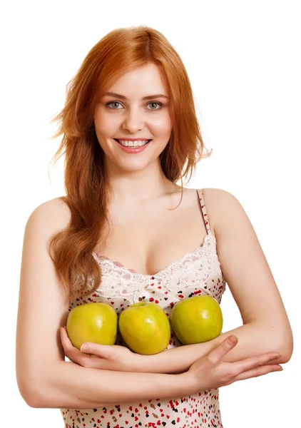 Young happy smiling woman with three green apple isolated on whi — Stock Photo, Image