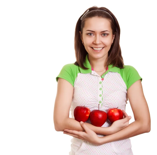 Young happy smiling woman with three red apple isolated on white Royalty Free Stock Photos