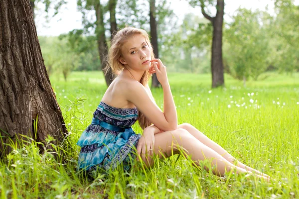 美丽的年轻女孩，在蓝色的裙子在草地上 — 图库照片