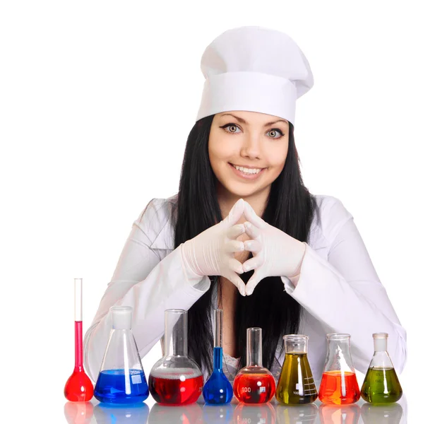 Young Scientist Table Test Tubes White Background — Stock Photo, Image