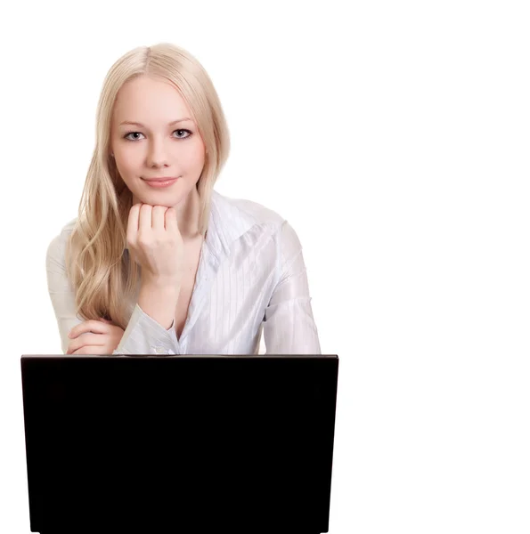 Junge geschäftsfrau, sekretärin oder student mit laptop, exemplar — Stockfoto