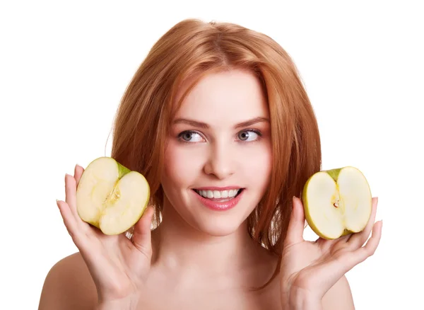 Young happy smiling woman with two apple isolated on white — ストック写真