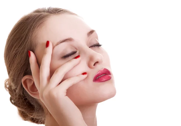 Portrait beauty woman with red bright manicure on white backgrou — Stock Photo, Image
