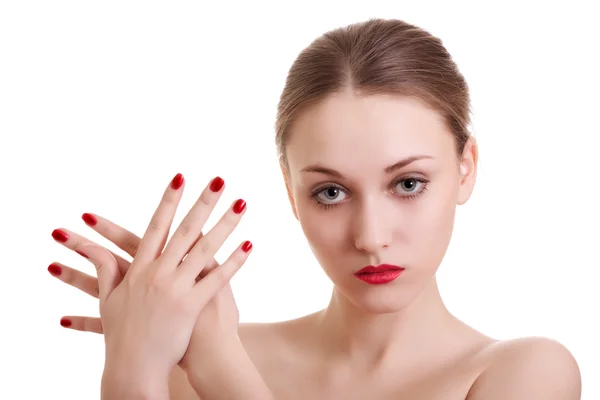 Mulher Beleza Retrato Com Manicure Vermelho Brilhante Fundo Branco — Fotografia de Stock