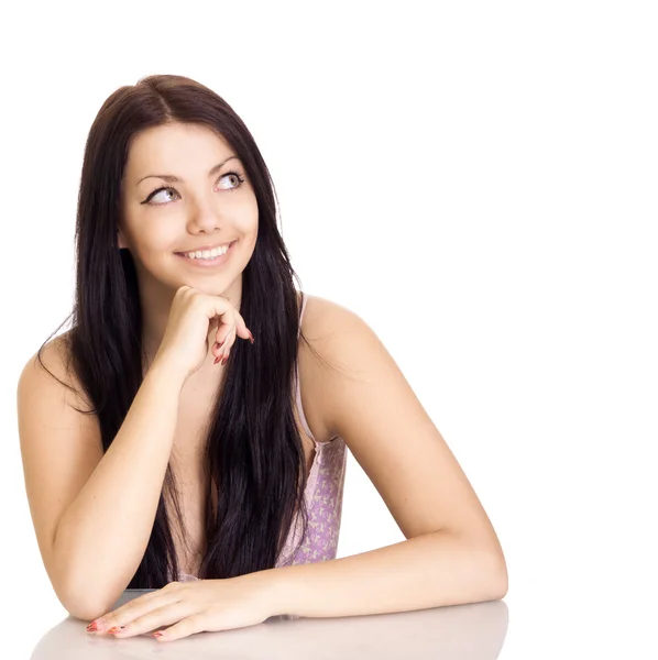 Beautiful Smiling Girl Look Copyspace Isolated — Stock Photo, Image