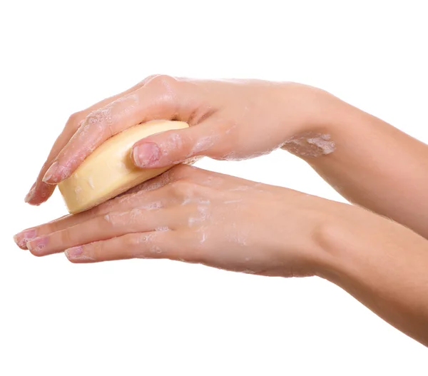 Γυναικεία χέρια σε soapsuds που απομονώνονται σε λευκό — Φωτογραφία Αρχείου