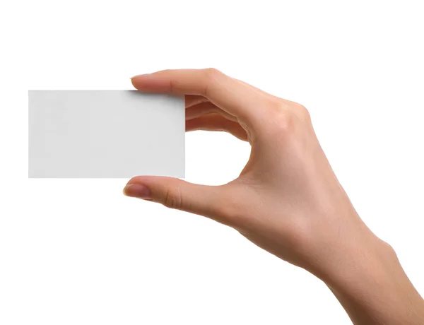 Cartão de papel na mão da mulher isolado no fundo branco — Fotografia de Stock