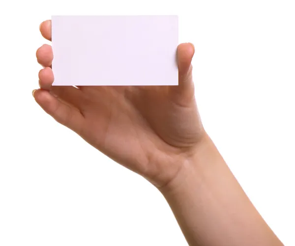 Cartão de papel na mão da mulher isolado no fundo branco — Fotografia de Stock
