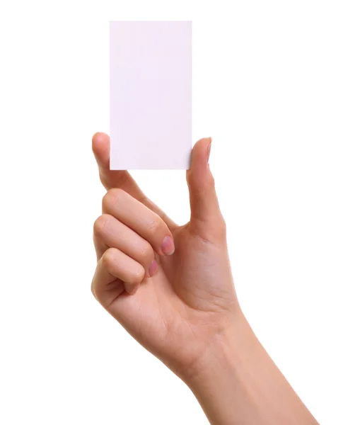 Beyaz arka plan üzerinde izole kadın elinde kağıt kartı — Stok fotoğraf