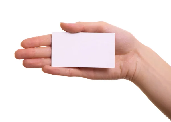 Tarjeta de papel en mano de mujer aislada sobre fondo blanco —  Fotos de Stock