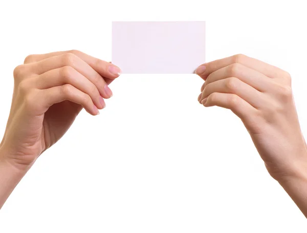Paper card in woman hands isolated on white background — Stock Photo, Image