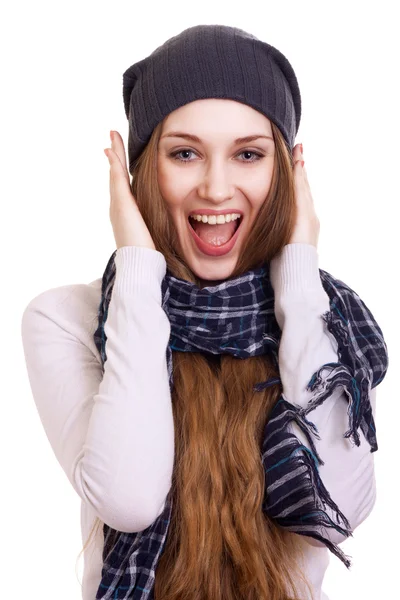 Glada unga vackra woman.surprised vintern flicka över vita — Stockfoto