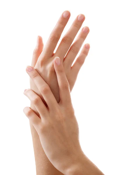 Piękna kobieta ręce z Francuski manicure na białym tle na biały bac — Zdjęcie stockowe