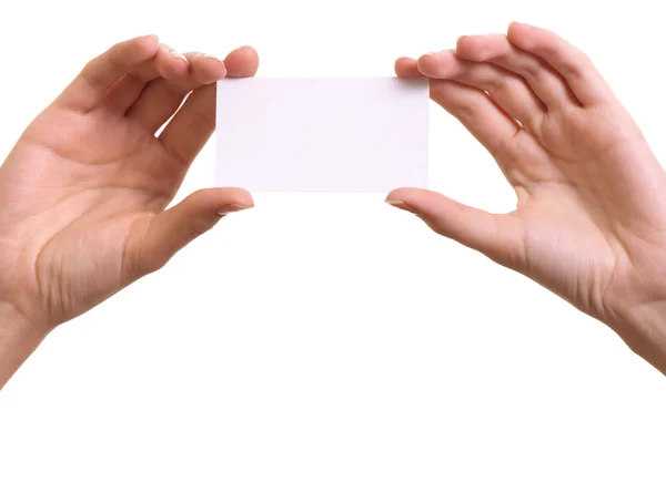 Tarjeta de papel en manos de mujer aisladas sobre fondo blanco Imagen de archivo