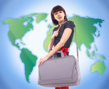 Young stylish woman traveling on world map background clipart