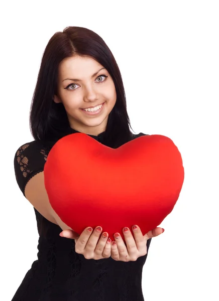 Valentines Day. Woman holding Valentines Day heart sign with cop Stock Photo