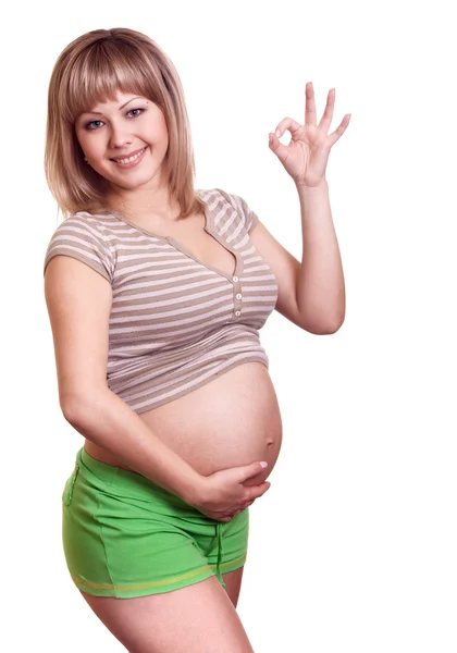 Mulher grávida feliz mostrar sinal ok — Fotografia de Stock