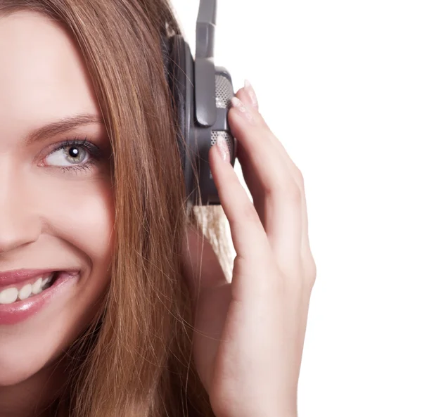 Beautiful young woman listen music with headphones — Stock Photo, Image