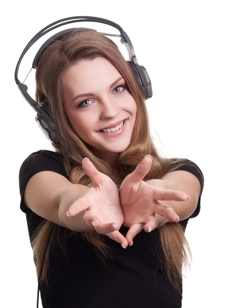 Attractive smiling woman with headphones on white background — Stock Photo, Image